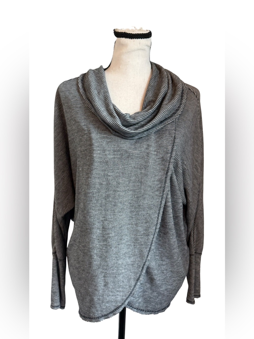 Calvin Klein Performance Small Cowl Neck Striped Pullover Top Gray Black